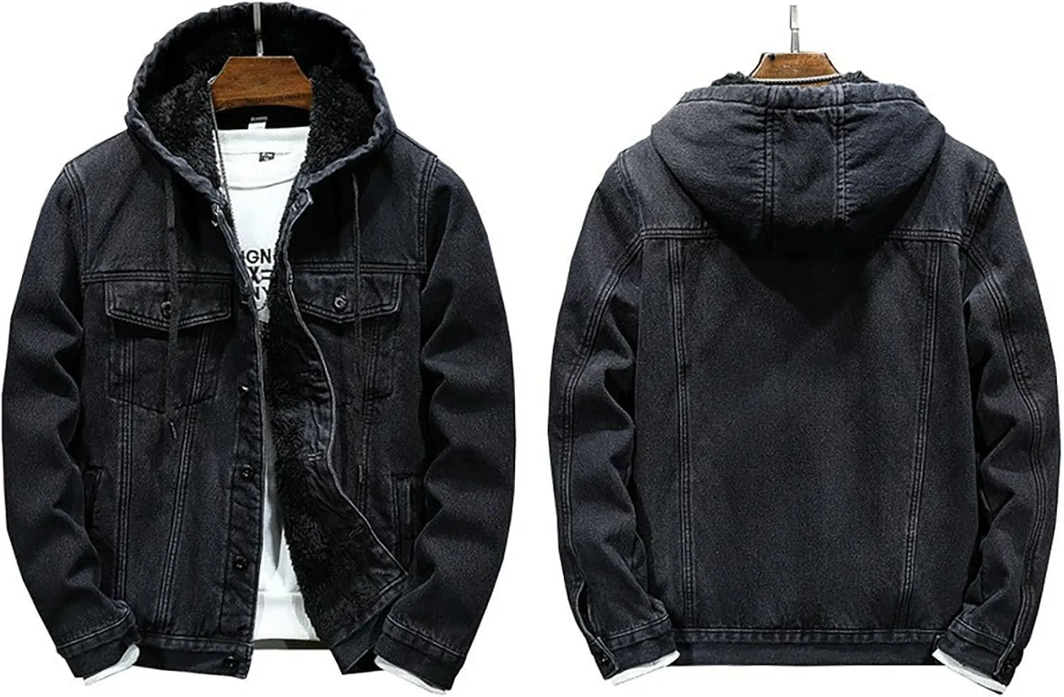 Mens Fleece Lined Denim Hoodie Jacket Casual Button Down Winter Warm Hooded Cowboy Jean Jacket Thicken Trucker Coats
