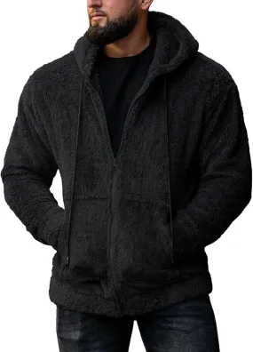 Men's Fuzzy Sherpa Athletic Hoodie Heavyweight Fleece Jacket Zip Up Hooded Sweatshirt Sports Coat Drawstring Outwear