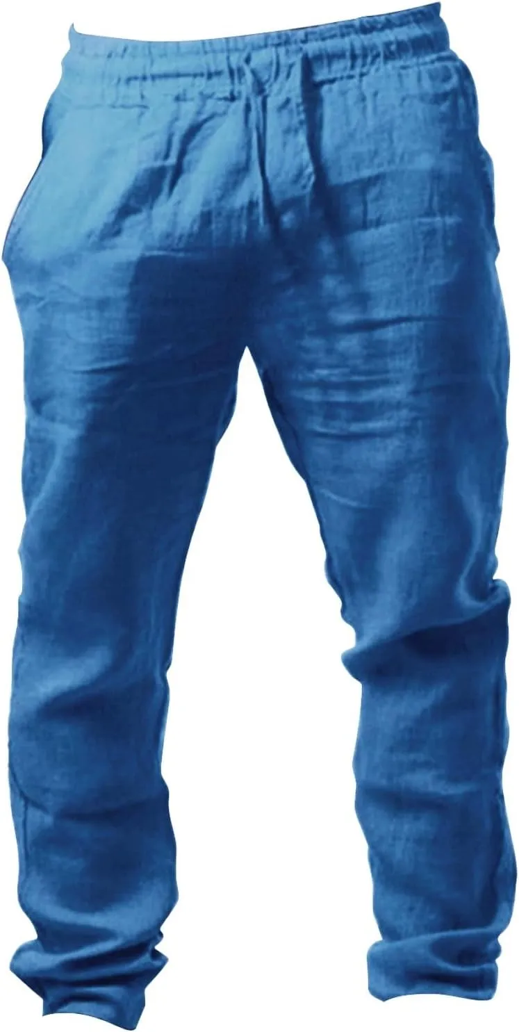 Muyise Men's Casual Summer Long Pants Cotton Linen Elastic Waist Straight Leg Palazzo Baggy Lounge Trousers with Pockets