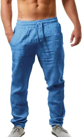Muyise Men's Casual Summer Long Pants Cotton Linen Elastic Waist Straight Leg Palazzo Baggy Lounge Trousers with Pockets