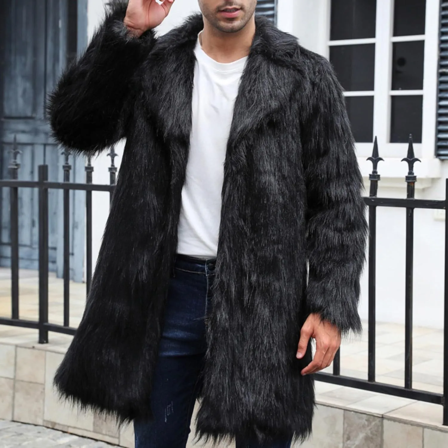 QWENTMTNTY Men Fluffy Long Faux Fur Coat Fashion Heavyweight Warm Winter Coats Thicken Faux Shearling Cardigan Overcoat
