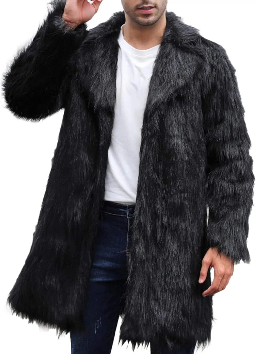 QWENTMTNTY Men Fluffy Long Faux Fur Coat Fashion Heavyweight Warm Winter Coats Thicken Faux Shearling Cardigan Overcoat