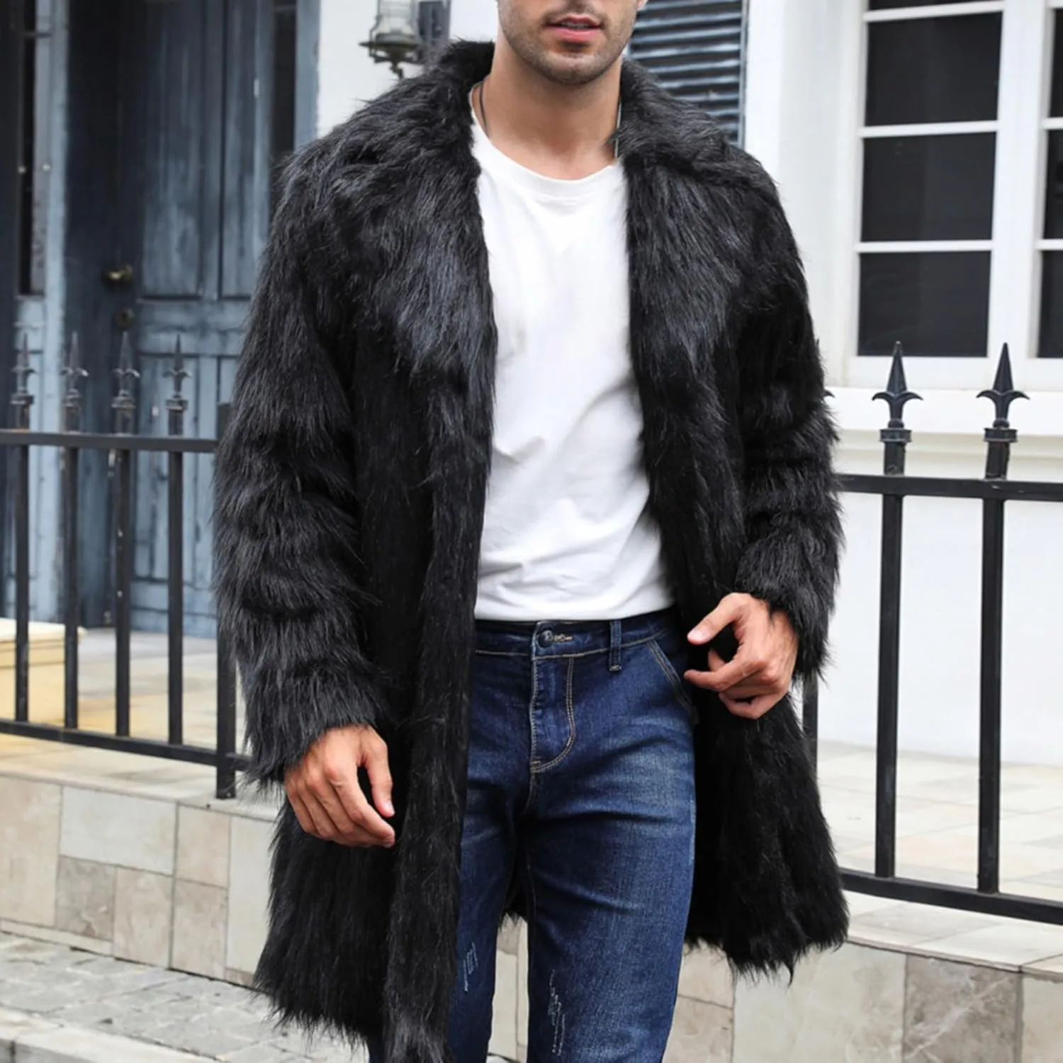 QWENTMTNTY Men Fluffy Long Faux Fur Coat Fashion Heavyweight Warm Winter Coats Thicken Faux Shearling Cardigan Overcoat