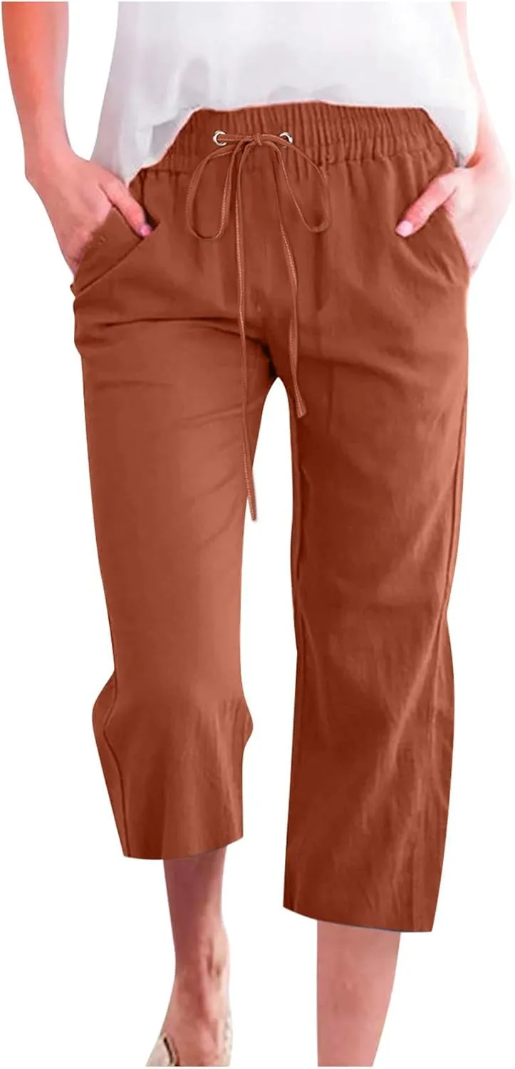 RKSTN Cotton Linen Pants for Women Casual Solid Color Elastic Pant Wide Leg Cropped Trousers with Pockets Drawstring Capris