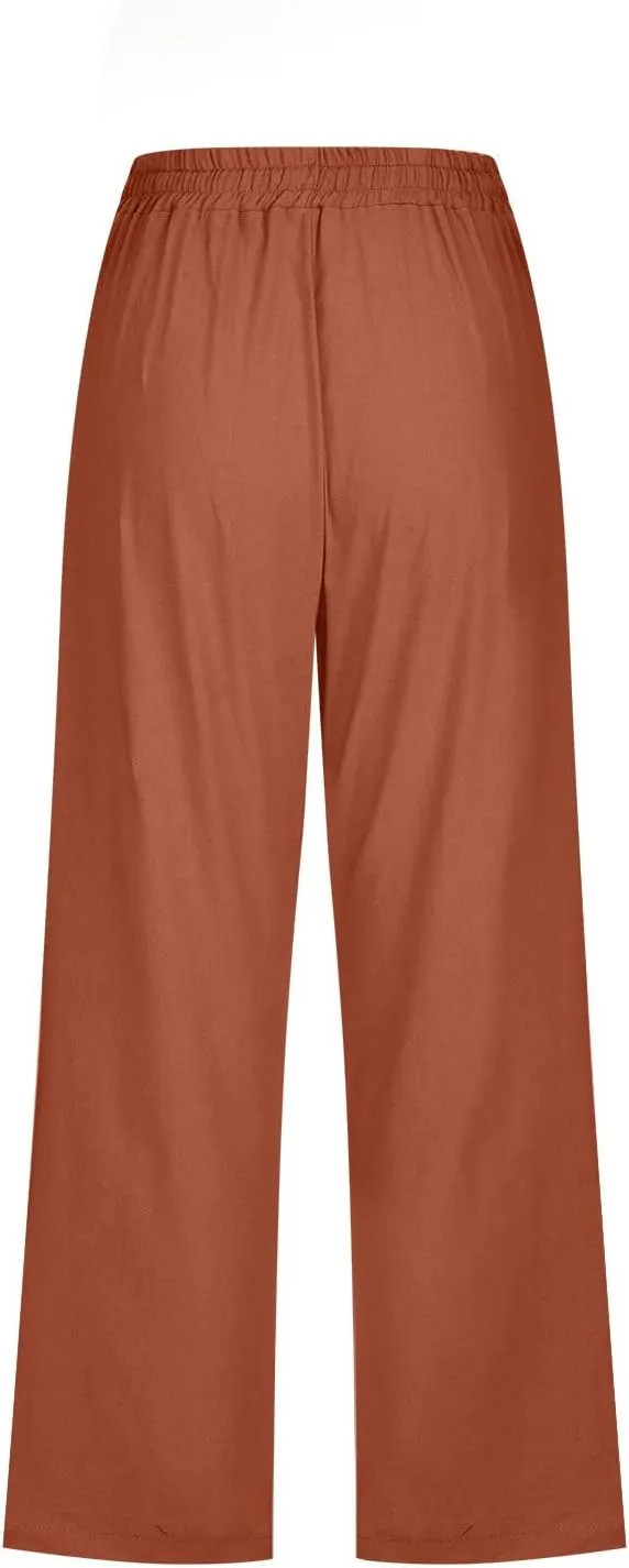 RKSTN Cotton Linen Pants for Women Casual Solid Color Elastic Pant Wide Leg Cropped Trousers with Pockets Drawstring Capris