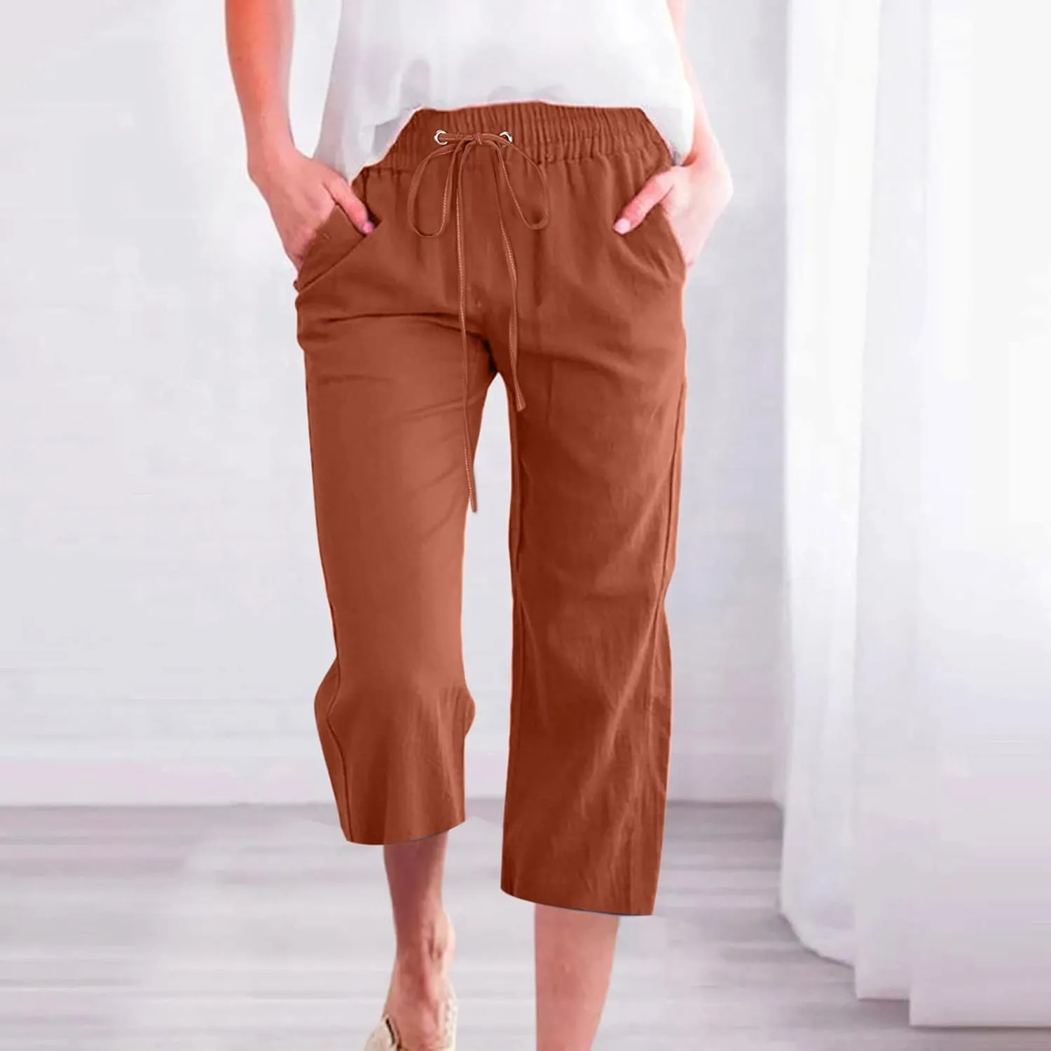 RKSTN Cotton Linen Pants for Women Casual Solid Color Elastic Pant Wide Leg Cropped Trousers with Pockets Drawstring Capris