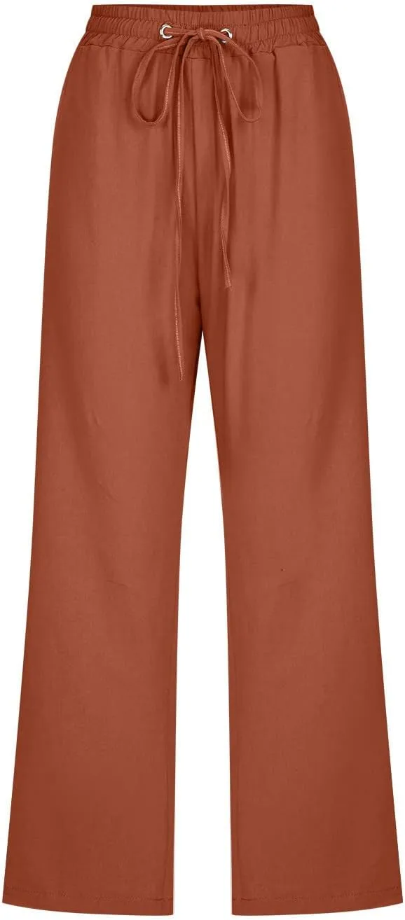RKSTN Cotton Linen Pants for Women Casual Solid Color Elastic Pant Wide Leg Cropped Trousers with Pockets Drawstring Capris