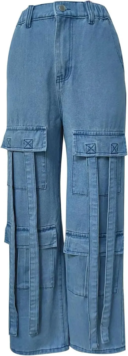 Women Boyfriend Jeans Cargo Pants Parachute Y2k Teen Girls High Waist Straight Wide Leg Baggy Fashion Streetwear Pants