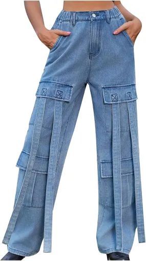 Women Boyfriend Jeans Cargo Pants Parachute Y2k Teen Girls High Waist Straight Wide Leg Baggy Fashion Streetwear Pants