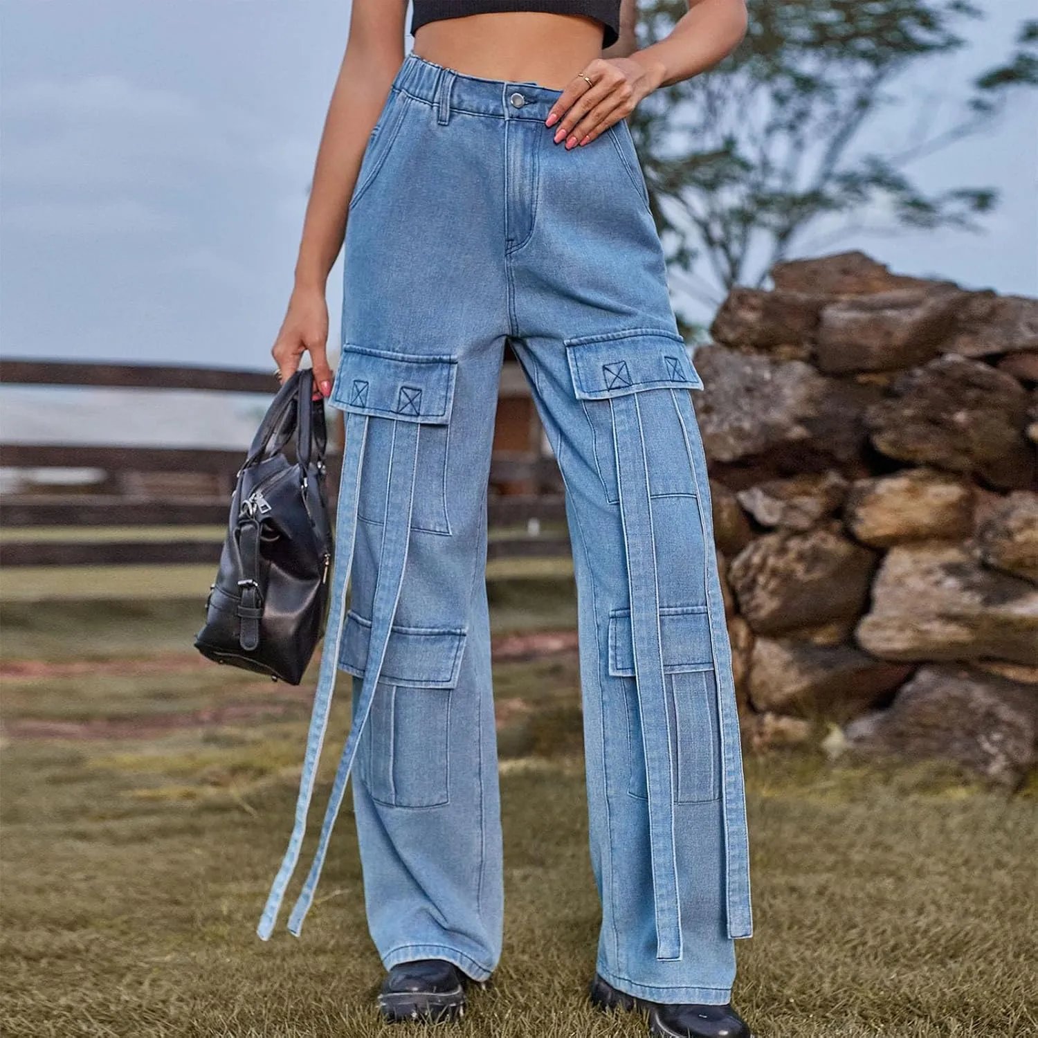 Women Boyfriend Jeans Cargo Pants Parachute Y2k Teen Girls High Waist Straight Wide Leg Baggy Fashion Streetwear Pants