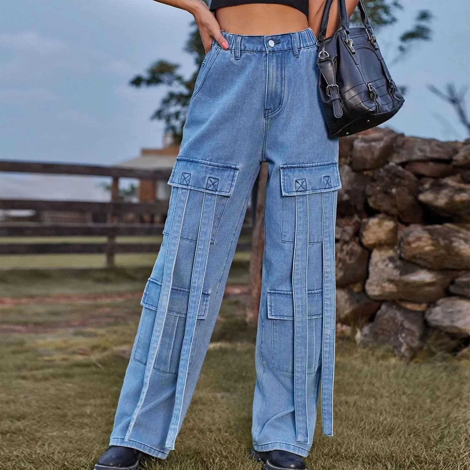 Women Boyfriend Jeans Cargo Pants Parachute Y2k Teen Girls High Waist Straight Wide Leg Baggy Fashion Streetwear Pants