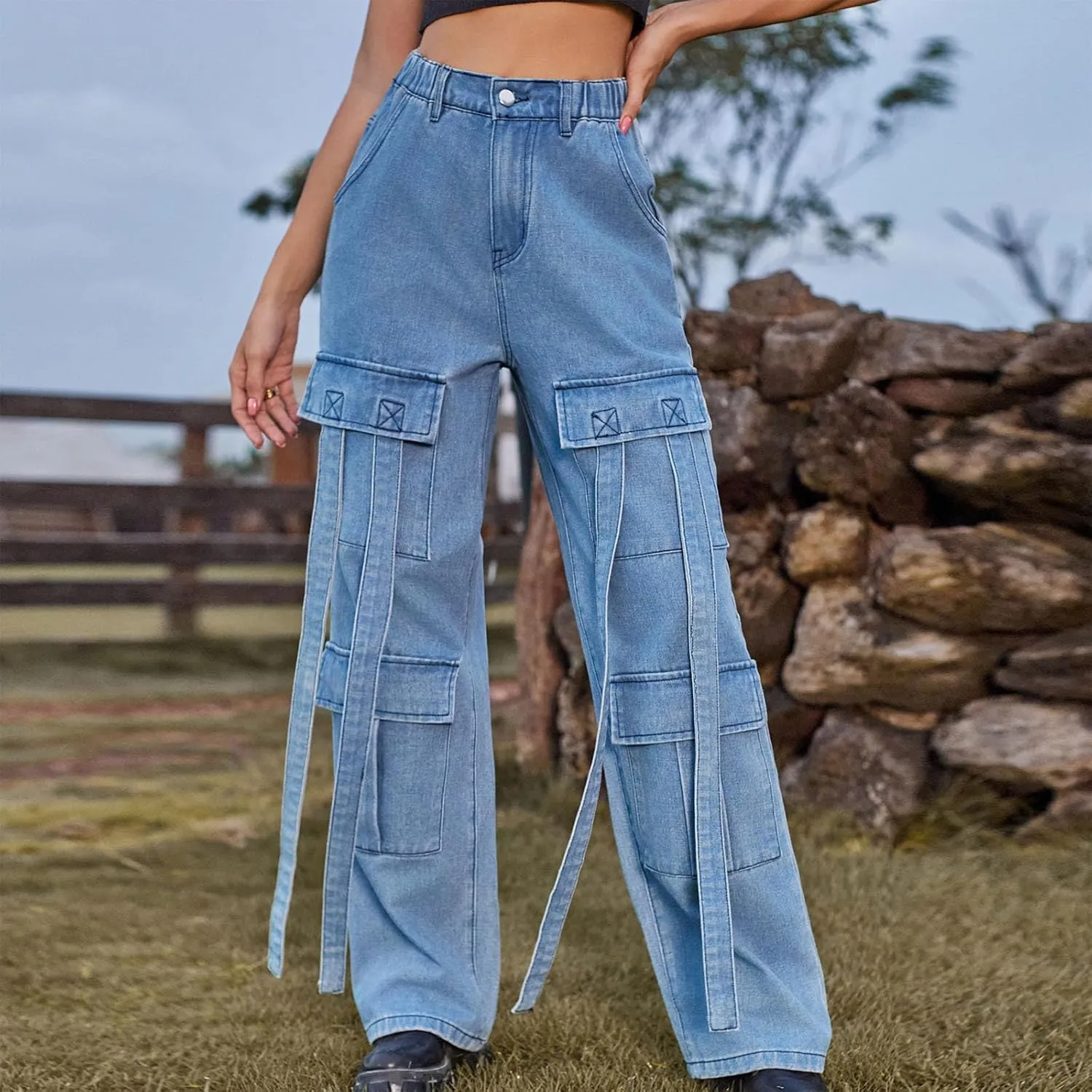 Women Boyfriend Jeans Cargo Pants Parachute Y2k Teen Girls High Waist Straight Wide Leg Baggy Fashion Streetwear Pants