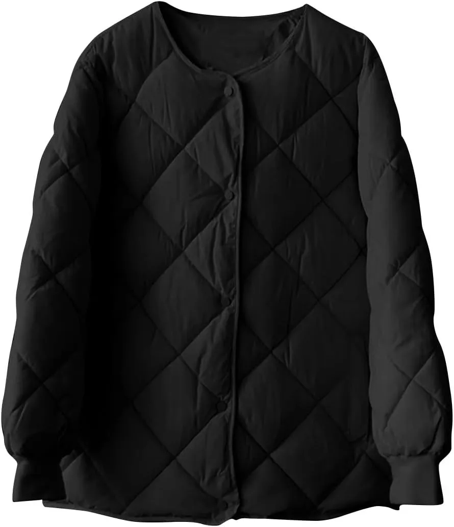 Women Winter Warm Coat Diamond Quilted Lightweight Puffer Jacket Packable Insulated Solid Collarless Down Jacket