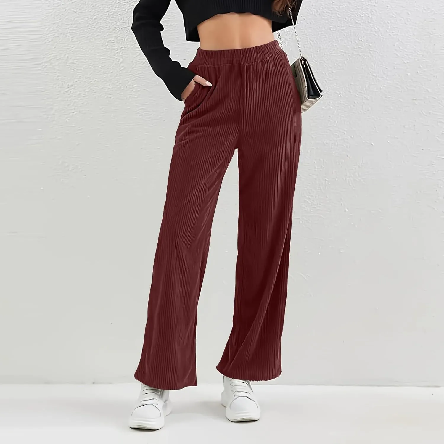 Womens Corduroy Pants Comfy High Waitsted Straight Leg Work Pants Trousers Business Casual Pants with Pockets