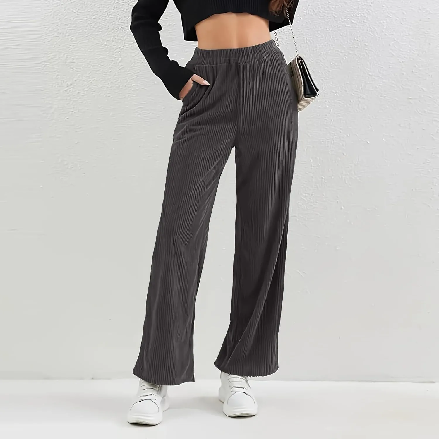 Womens Corduroy Pants Comfy High Waitsted Straight Leg Work Pants Trousers Business Casual Pants with Pockets