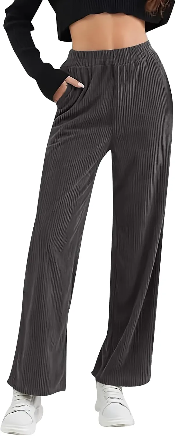 Womens Corduroy Pants Comfy High Waitsted Straight Leg Work Pants Trousers Business Casual Pants with Pockets