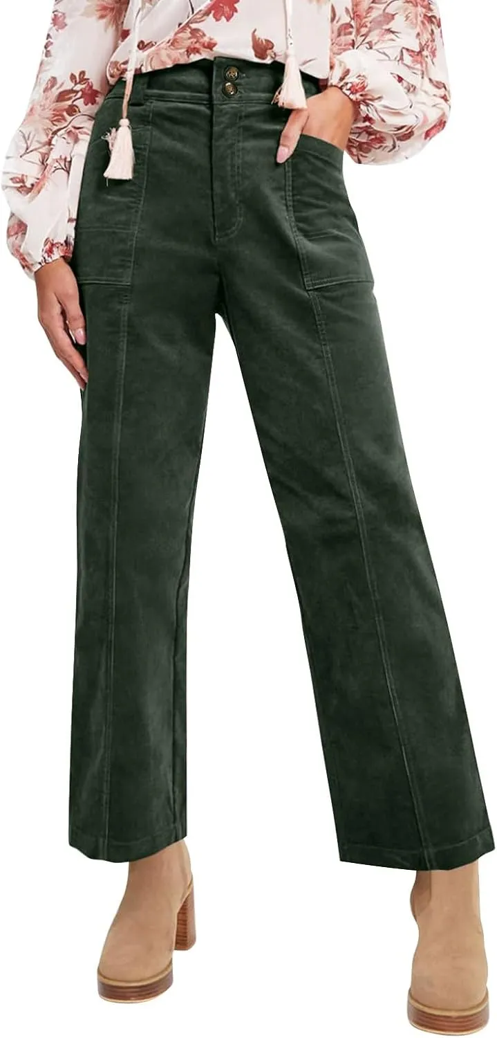 Womens Corduroy Pants Trendy High Waisted Straight Leg Work Pants Trousers Fall Elastic Waist Pants with Pockets