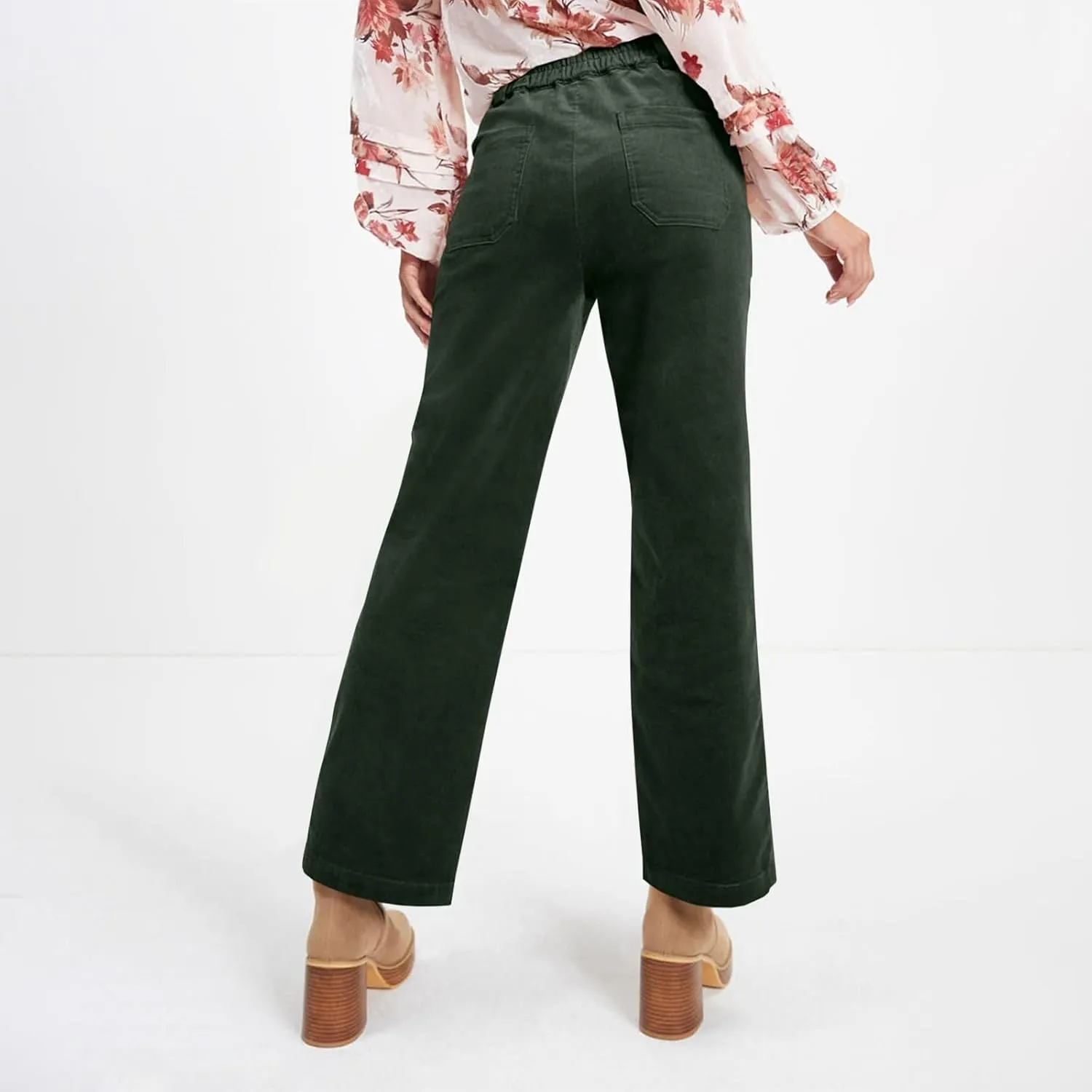 Womens Corduroy Pants Trendy High Waisted Straight Leg Work Pants Trousers Fall Elastic Waist Pants with Pockets