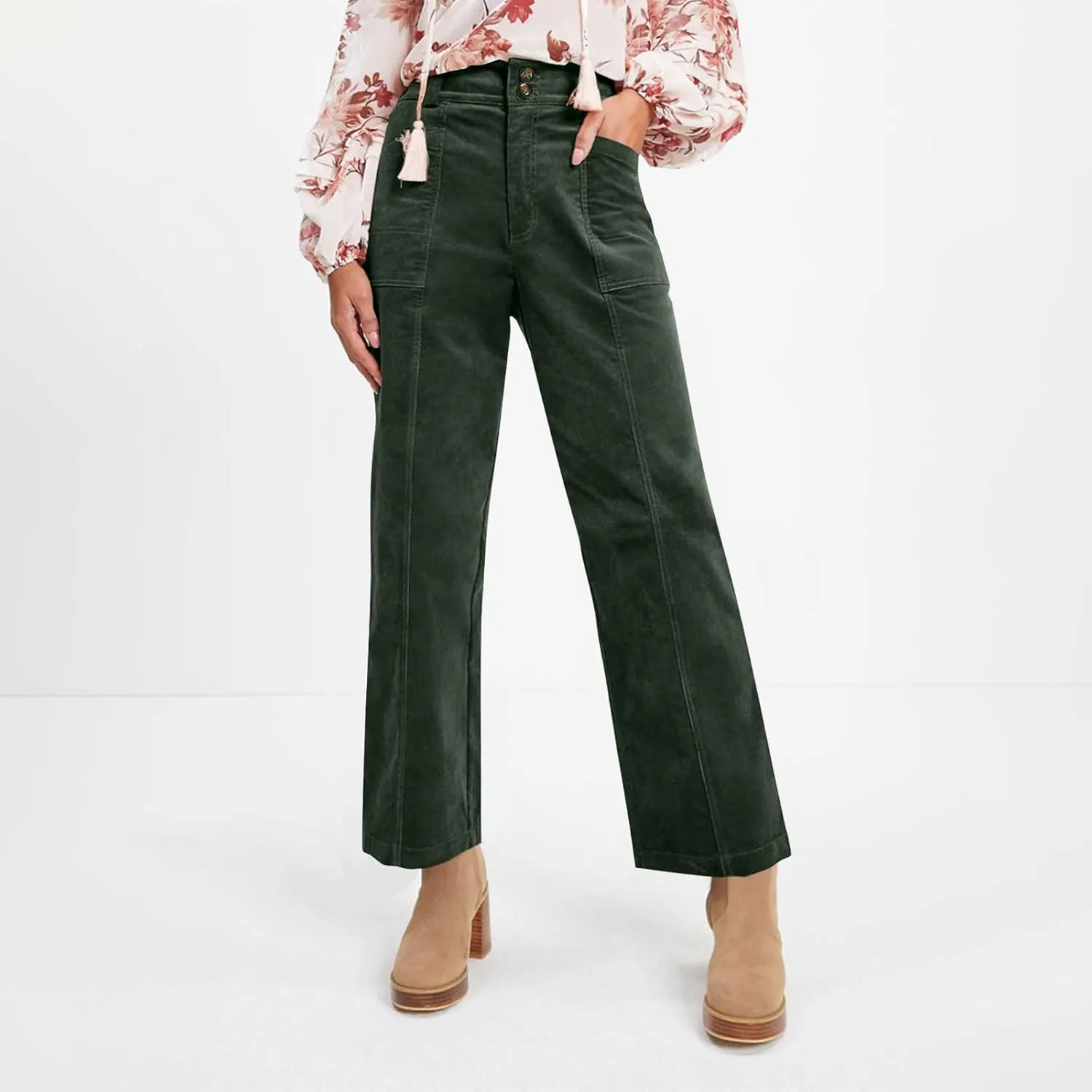 Womens Corduroy Pants Trendy High Waisted Straight Leg Work Pants Trousers Fall Elastic Waist Pants with Pockets