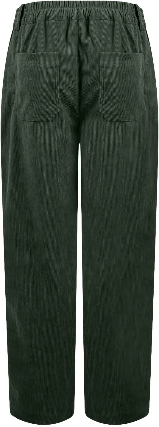 Womens Corduroy Pants Trendy High Waisted Straight Leg Work Pants Trousers Fall Elastic Waist Pants with Pockets