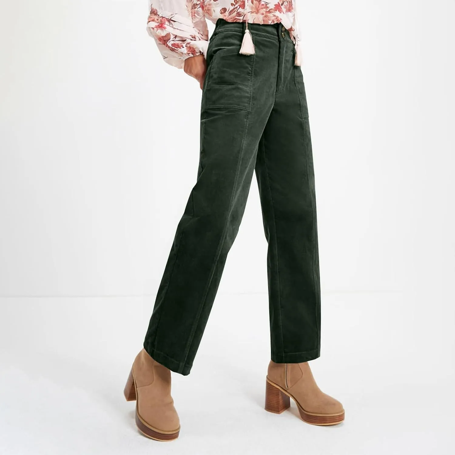 Womens Corduroy Pants Trendy High Waisted Straight Leg Work Pants Trousers Fall Elastic Waist Pants with Pockets