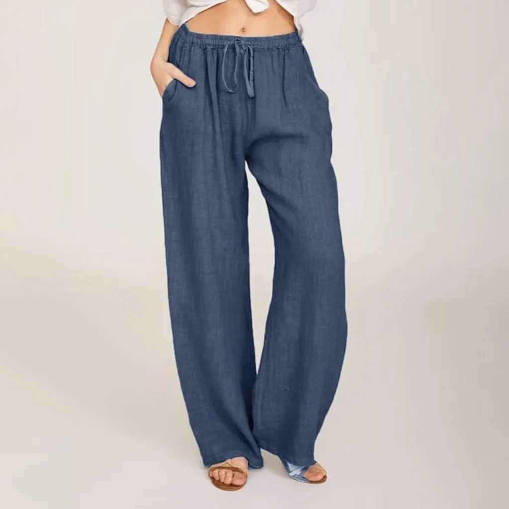 Women's Cotton Linen Wide Leg Pants Low Waisted Flowy Flare Trousers Athletic Fit Gym Fitness Yoga Straight Leg Pants