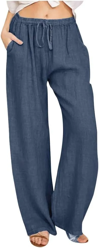 Women's Cotton Linen Wide Leg Pants Low Waisted Flowy Flare Trousers Athletic Fit Gym Fitness Yoga Straight Leg Pants