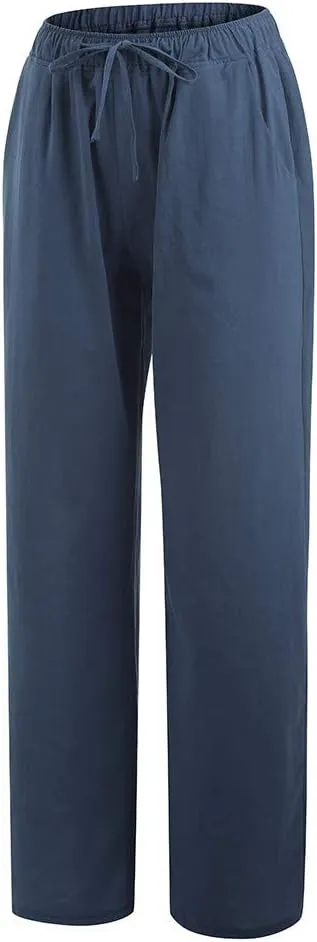 Women's Cotton Linen Wide Leg Pants Low Waisted Flowy Flare Trousers Athletic Fit Gym Fitness Yoga Straight Leg Pants
