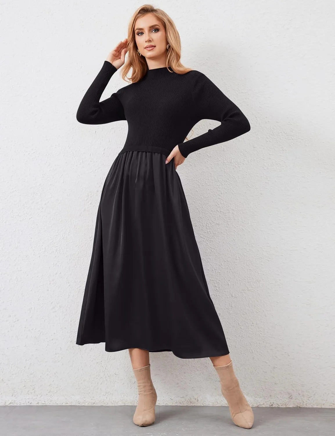 Womens Long Sleeve Maxi Dress Turtleneck Maxi Sweater Dress Slim Fit Patchwork High Waist Flowy Long Dresses