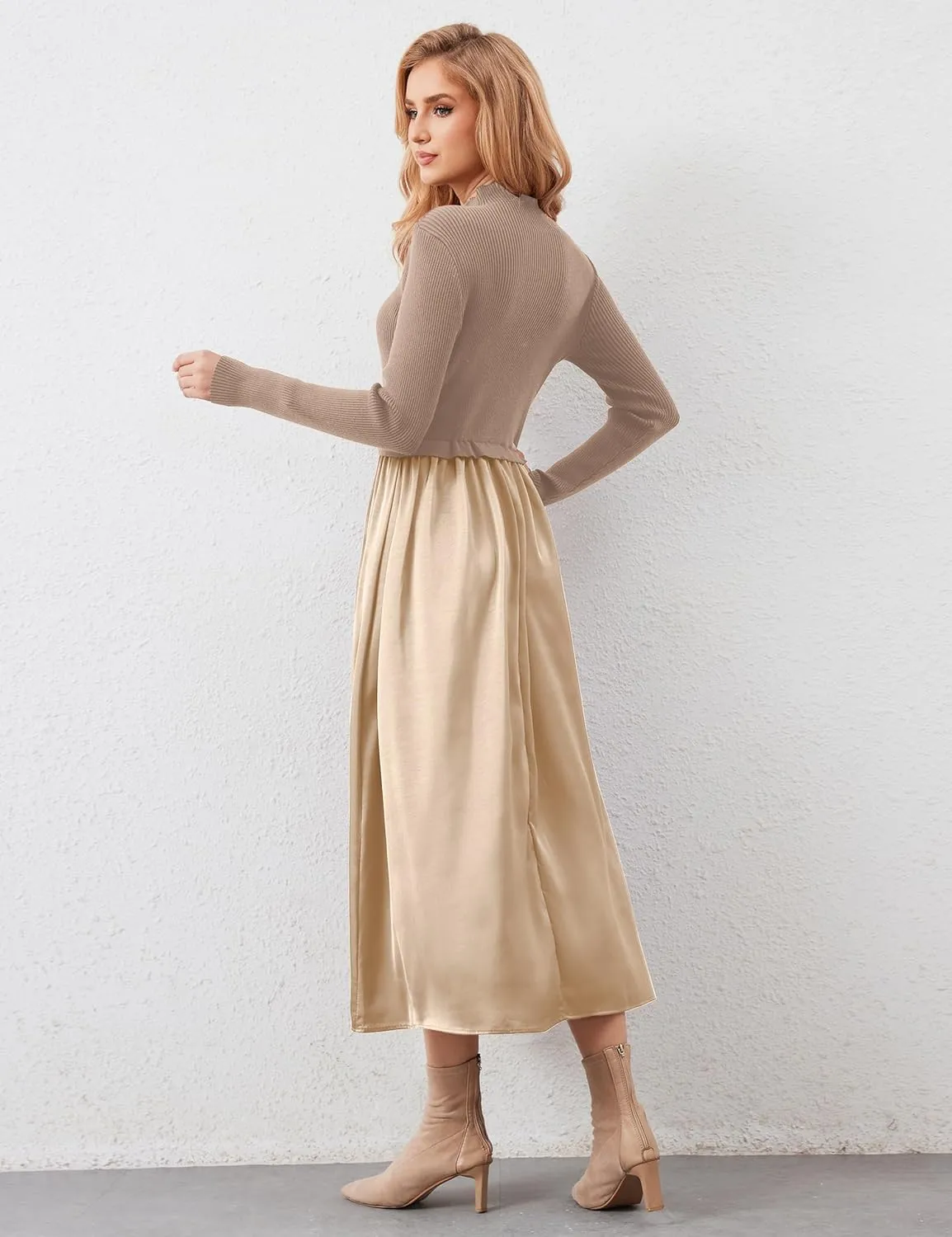 Womens Long Sleeve Maxi Dress Turtleneck Maxi Sweater Dress Slim Fit Patchwork High Waist Flowy Long Dresses