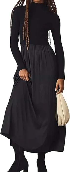 Womens Long Sleeve Maxi Dress Turtleneck Maxi Sweater Dress Slim Fit Patchwork High Waist Flowy Long Dresses