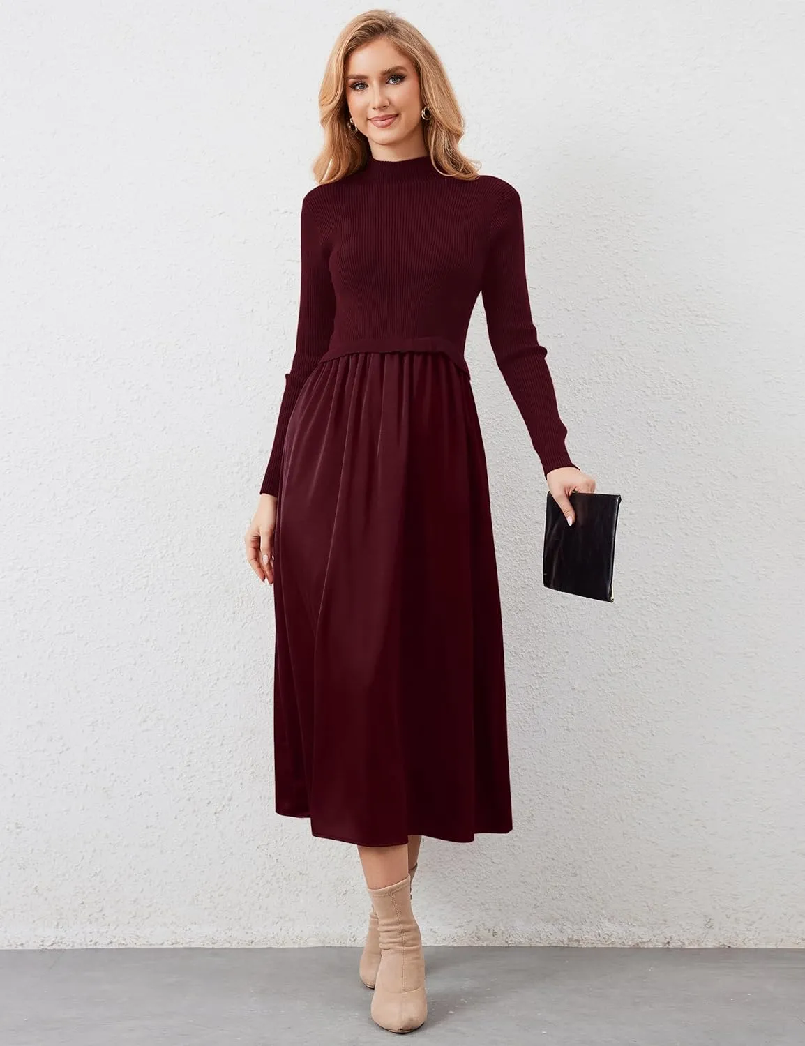 Womens Long Sleeve Maxi Dress Turtleneck Maxi Sweater Dress Slim Fit Patchwork High Waist Flowy Long Dresses