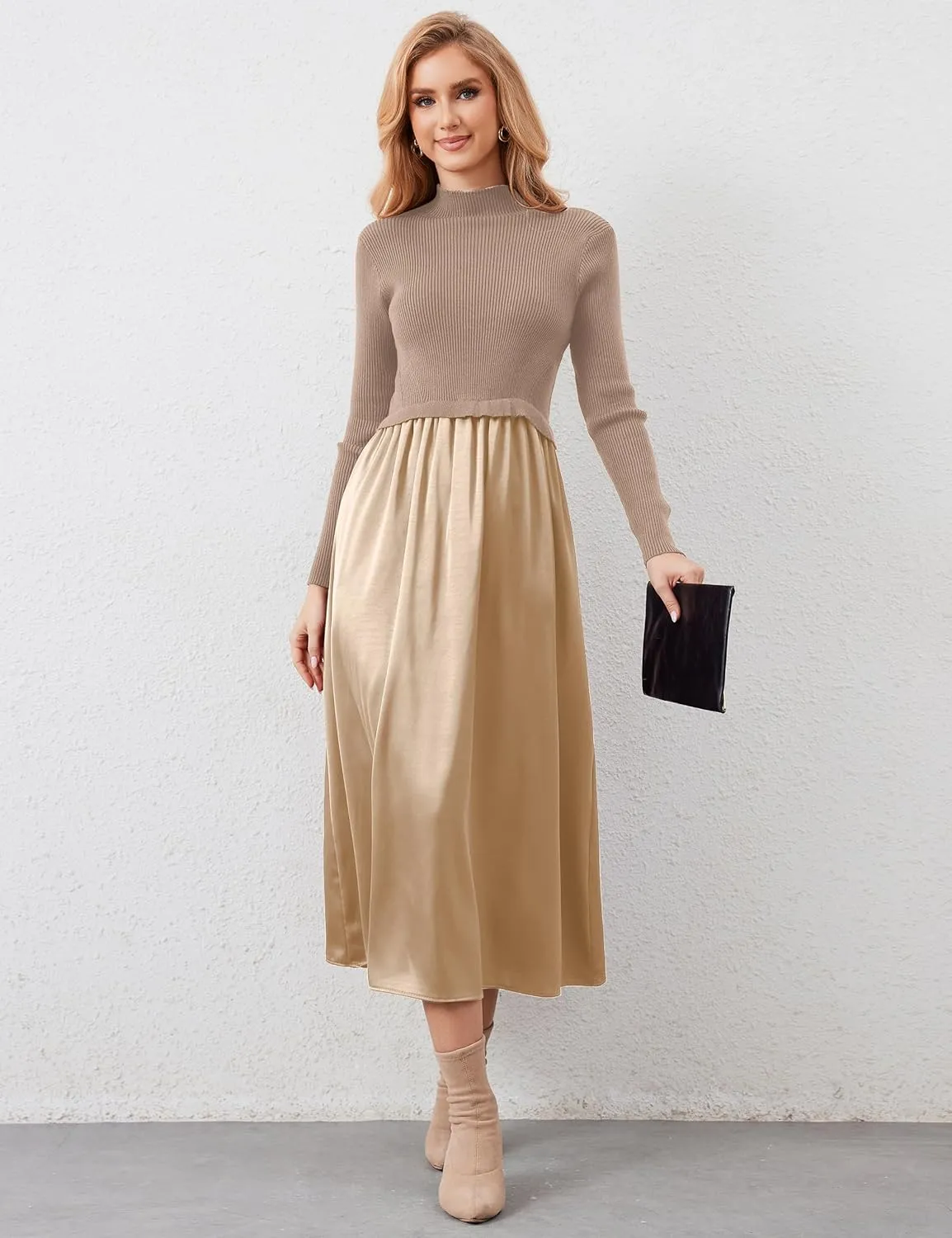 Womens Long Sleeve Maxi Dress Turtleneck Maxi Sweater Dress Slim Fit Patchwork High Waist Flowy Long Dresses