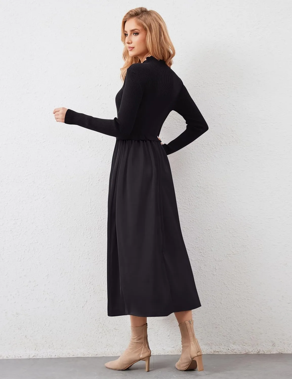 Womens Long Sleeve Maxi Dress Turtleneck Maxi Sweater Dress Slim Fit Patchwork High Waist Flowy Long Dresses