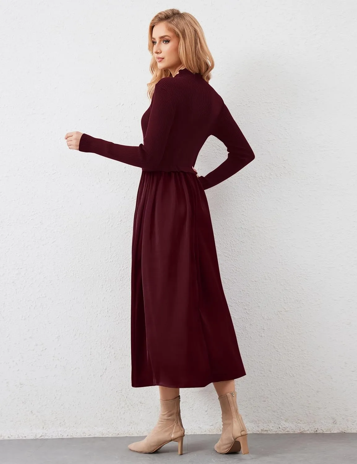 Womens Long Sleeve Maxi Dress Turtleneck Maxi Sweater Dress Slim Fit Patchwork High Waist Flowy Long Dresses