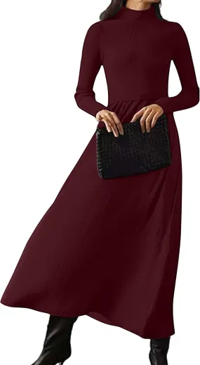 Womens Long Sleeve Maxi Dress Turtleneck Maxi Sweater Dress Slim Fit Patchwork High Waist Flowy Long Dresses