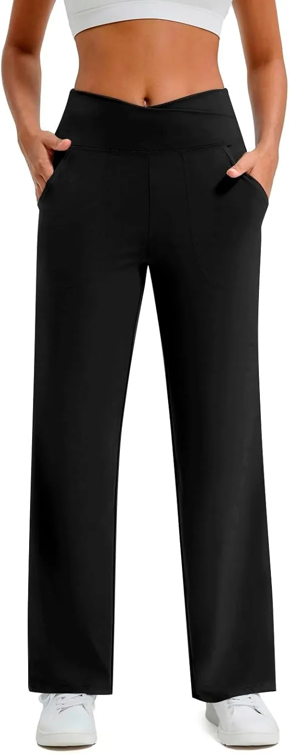 Women's Pants Elastic High Waist Casual Yoga Pants Straight Wide Leg Drawstring Trouser Stretch Baggy Sweatpants with Pockets