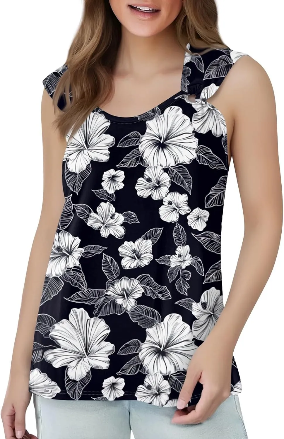 Womens Summer Tops Plus Size Sleeveless Causal Printed Square Neck Comfort Pleated Tank Tops for Women 2025