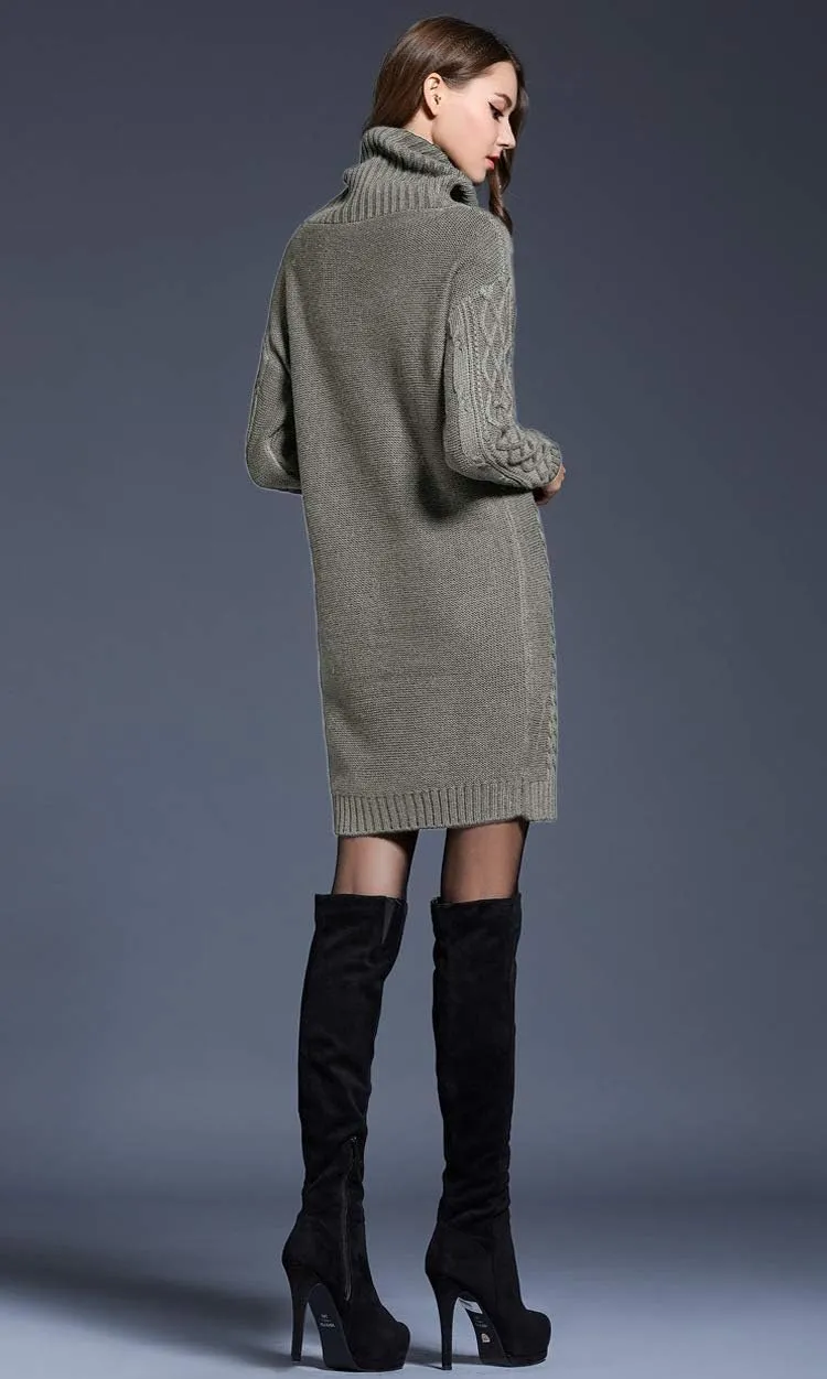 Women's Turtleneck Long Sleeve Midi Sweater Dress Chunky Knit Mock Turtleneck Slim Bodycon Pullover Sweater Dress
