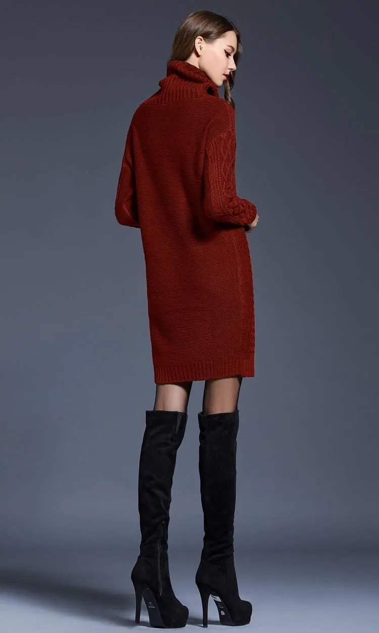 Women's Turtleneck Long Sleeve Midi Sweater Dress Chunky Knit Mock Turtleneck Slim Bodycon Pullover Sweater Dress