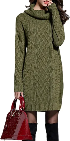 Women's Turtleneck Long Sleeve Midi Sweater Dress Chunky Knit Mock Turtleneck Slim Bodycon Pullover Sweater Dress