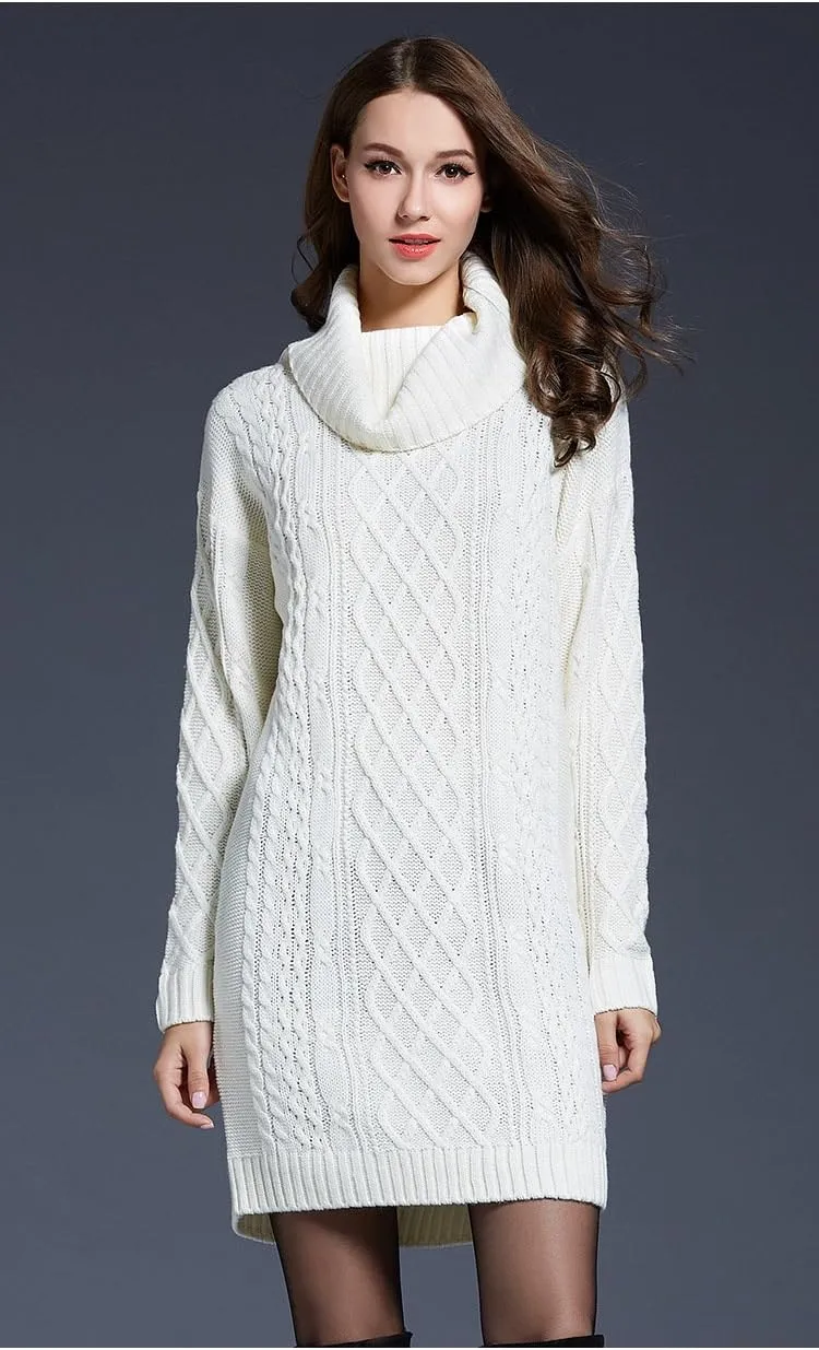 Women's Turtleneck Long Sleeve Midi Sweater Dress Chunky Knit Mock Turtleneck Slim Bodycon Pullover Sweater Dress