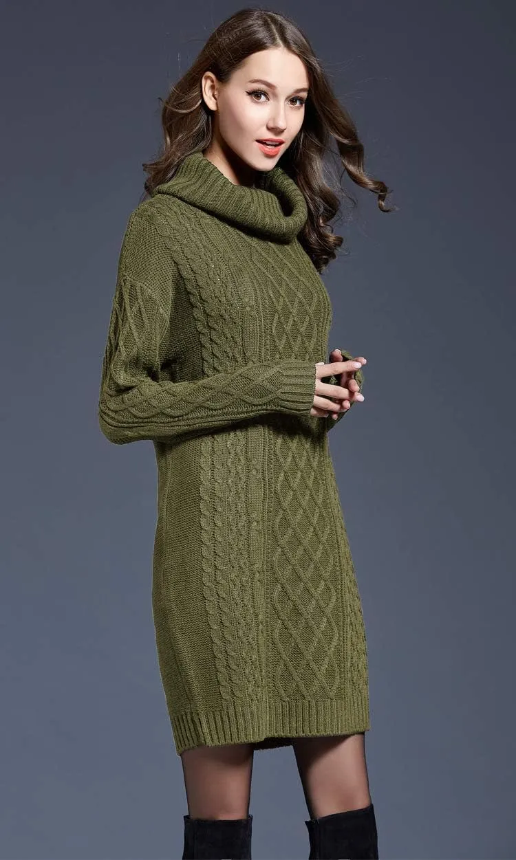 Women's Turtleneck Long Sleeve Midi Sweater Dress Chunky Knit Mock Turtleneck Slim Bodycon Pullover Sweater Dress