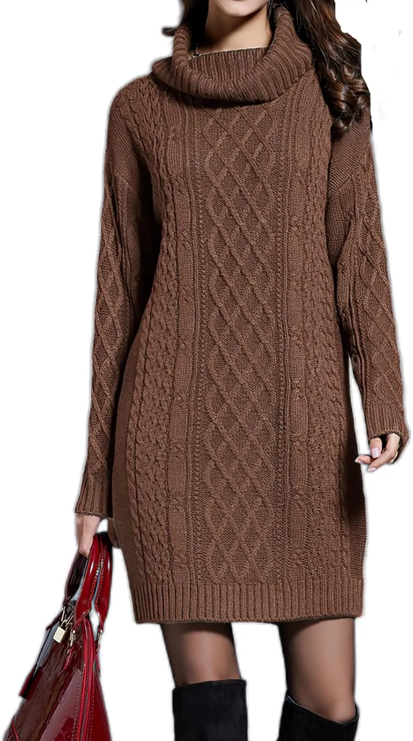Women's Turtleneck Long Sleeve Midi Sweater Dress Chunky Knit Mock Turtleneck Slim Bodycon Pullover Sweater Dress