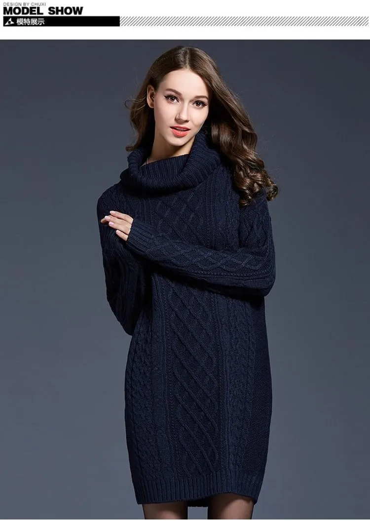 Women's Turtleneck Long Sleeve Midi Sweater Dress Chunky Knit Mock Turtleneck Slim Bodycon Pullover Sweater Dress