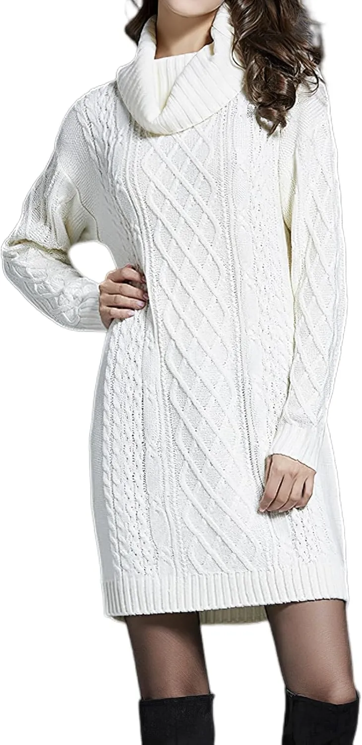 Women's Turtleneck Long Sleeve Midi Sweater Dress Chunky Knit Mock Turtleneck Slim Bodycon Pullover Sweater Dress