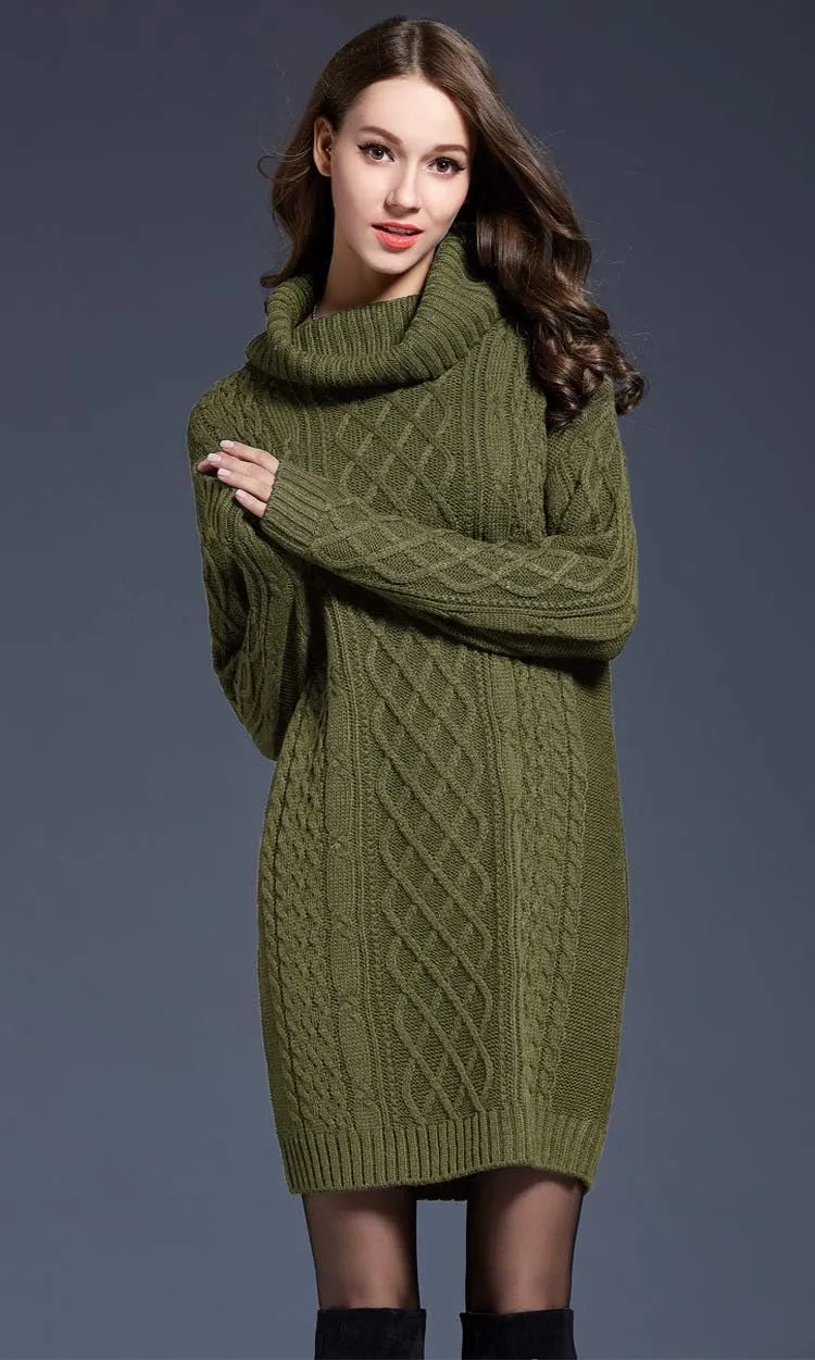 Women's Turtleneck Long Sleeve Midi Sweater Dress Chunky Knit Mock Turtleneck Slim Bodycon Pullover Sweater Dress
