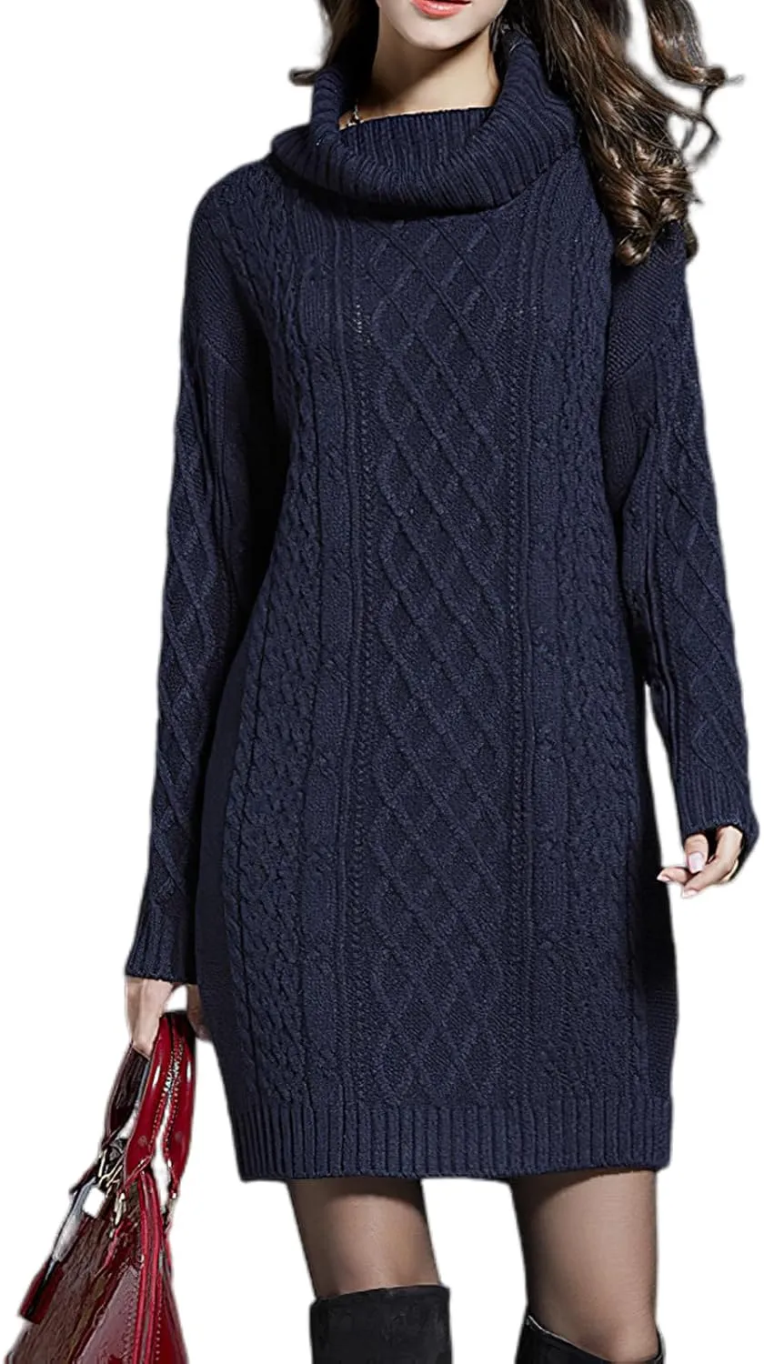 Women's Turtleneck Long Sleeve Midi Sweater Dress Chunky Knit Mock Turtleneck Slim Bodycon Pullover Sweater Dress