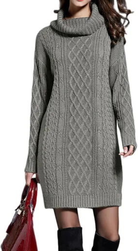 Women's Turtleneck Long Sleeve Midi Sweater Dress Chunky Knit Mock Turtleneck Slim Bodycon Pullover Sweater Dress