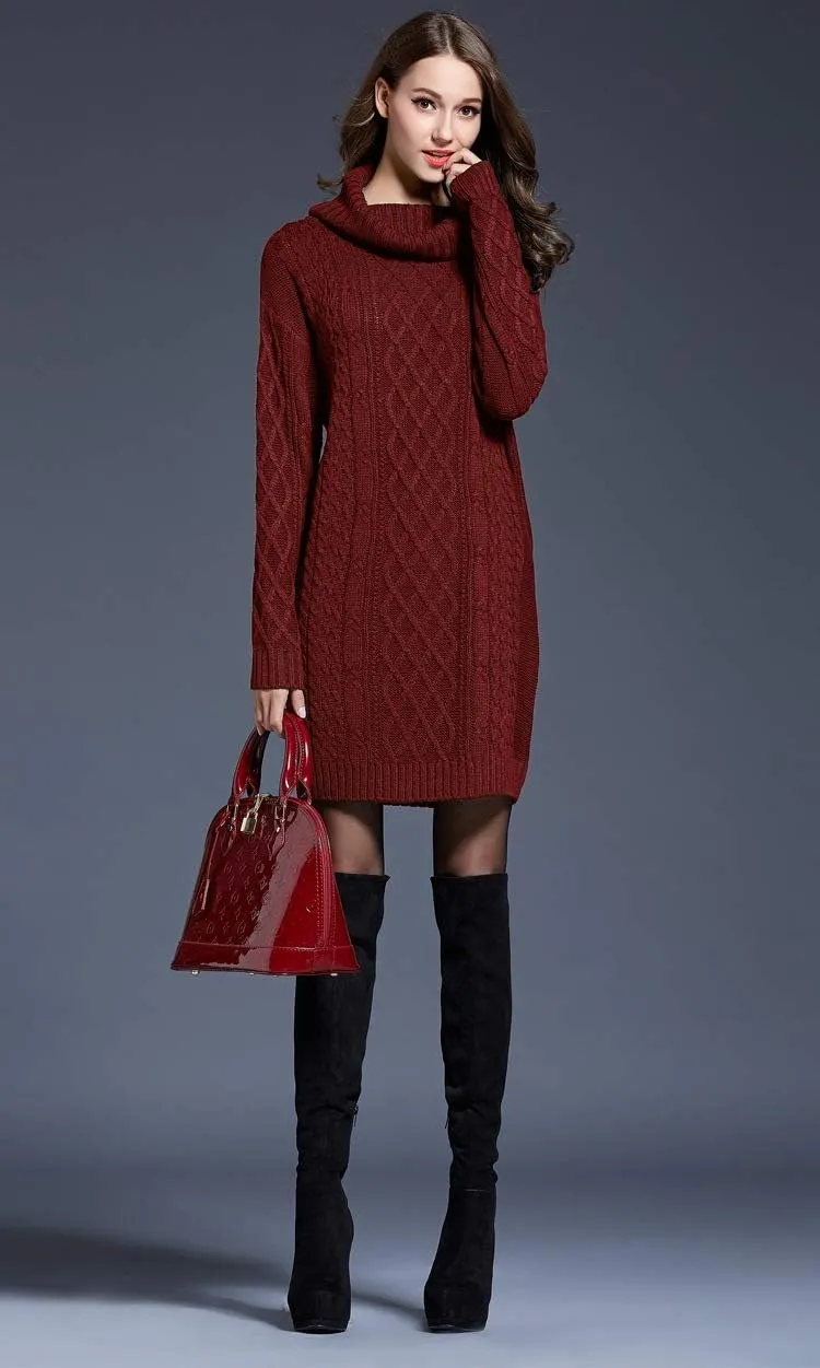 Women's Turtleneck Long Sleeve Midi Sweater Dress Chunky Knit Mock Turtleneck Slim Bodycon Pullover Sweater Dress